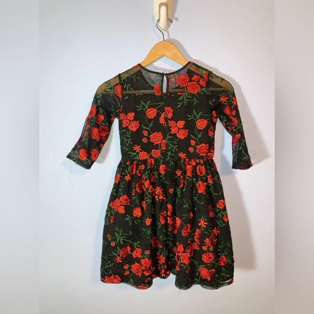 Laura Ashley london black 3/4 sleeve lace illusion neck red green floral dress 8